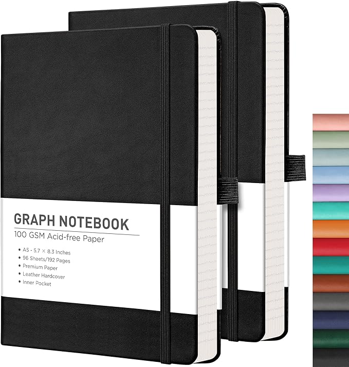 RETTACY Graph Grid Paper Notebook, 2-Pack, 192 Pages per Pack, A5 Medium Size (5.7'' x 8.3''), Leather Hardcover, 100 GSM Thick Paper, for School, Students, Math, Engineering (Black & Black)-DeskLoop Office