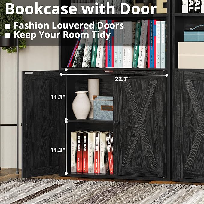 IRONCK Industrial Bookshelves and Bookcases with Doors Set of 2 Floor Standing 6 Shelf Display Storage Shelves 70 in Tall Bookcase for Home Office, Living Room-DeskLoop Office
