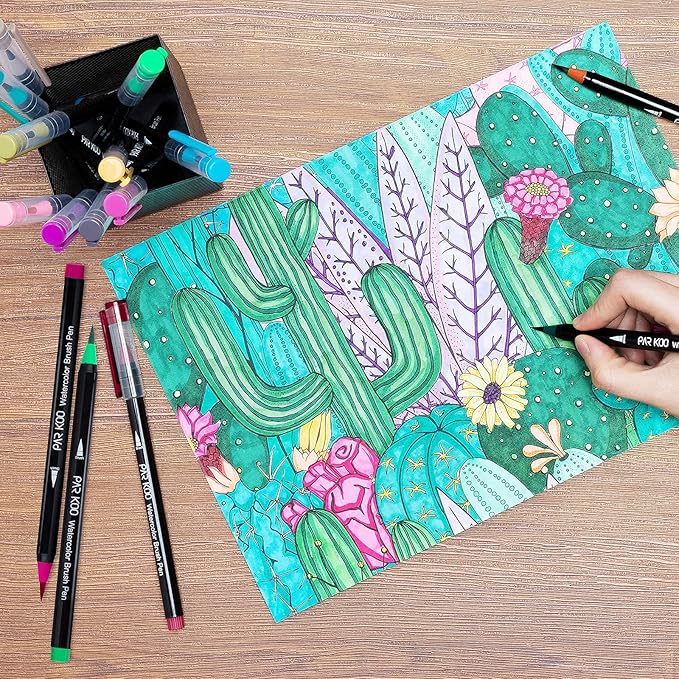 ParKoo Watercolor Brush Pens, 24 Colors Flexible Real Nylon Brush Tip Pens for Watercolor Painting, 1 Blending Brush, Paint Markers for Artists and Beginner Painters Coloring Books, Calligraphy-DeskLoop Office