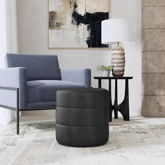 HomePop Upholstered Faux Leather Round Ottoman Home Décor|Foot Rest Ottoman- Black Faux Leather-DeskLoop Office