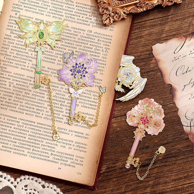 4pcs Metal Bookmarks Set for Reading Women and Men, Enchanted Floral Wing Key - Image 6