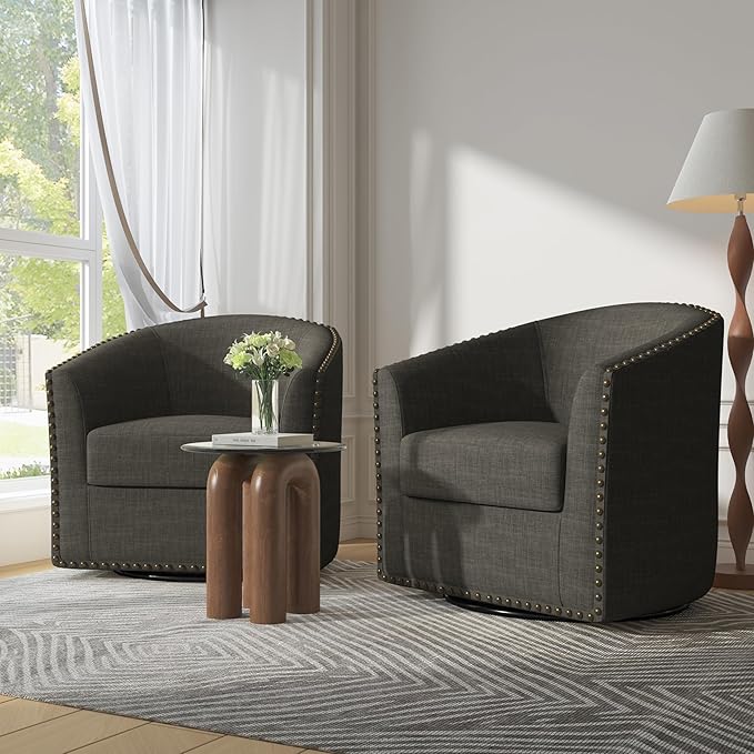 UIXE 360° Swivel Barrel Accent Chair Set of 2, Modern Upholstered Arm Chair Round Club Armchair, Nailhead Trim Single Sofa Seating in Fabric for Living Room - Gray-DeskLoop Office