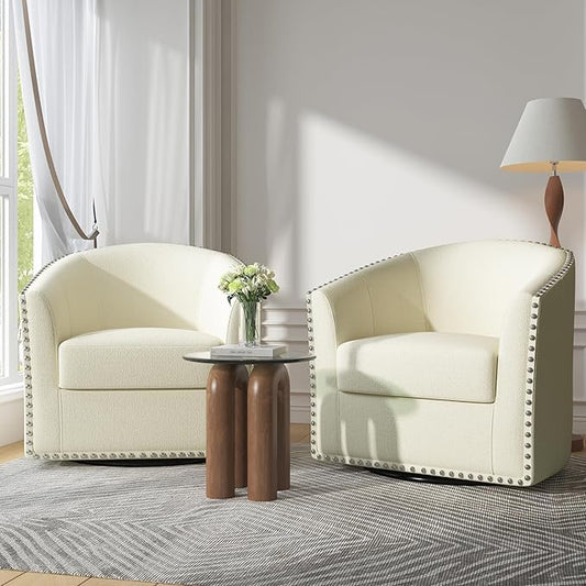 UIXE 360° Swivel Barrel Accent Chair Set of 2, Modern Upholstered Arm Chair Round Club Armchair, Nailhead Trim Single Sofa Seating in Fabric for Living Room - White-DeskLoop Office