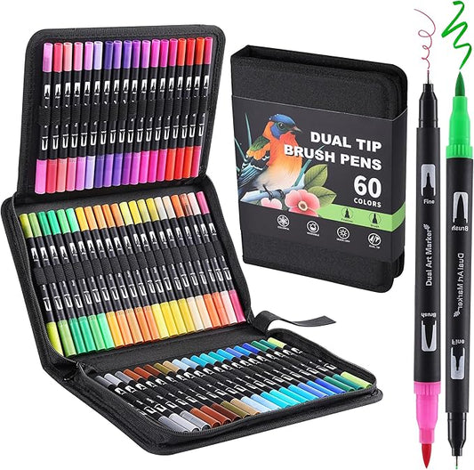 nauets 60 Colors Brush & Fine Dual Tip Watercolor Markers Set for Kids Adults Coloring Books No Bleeding Paint Pens For Drawing Note taking Planner Calligraphy Journaling Card Making Art Supplies-DeskLoop Office