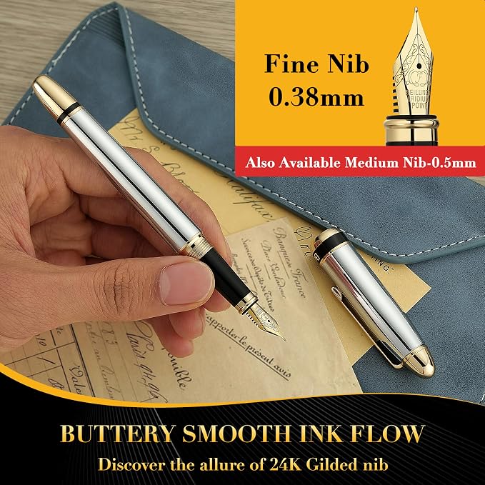 BEILUNER 315 Silver Chrome Fountain Pen, Stunning Luxury Pens - Image 4