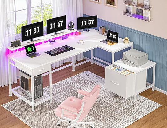L Shaped Computer Desk with Drawers, Gaming Desk with LED Lights & Monitor Shelf, Office Desks with Power Outlets, Corner Desks for Home Office, Study Room and Bedroom, White-DeskLoop Office