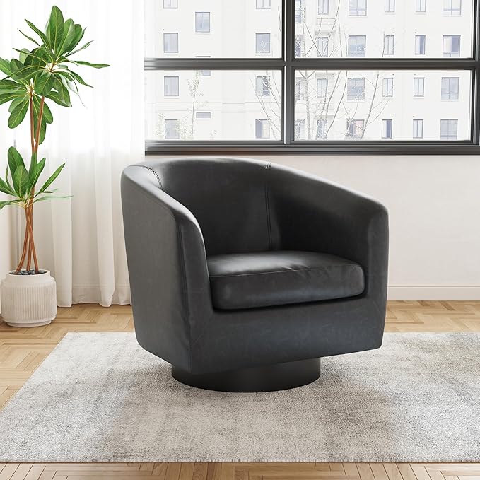 UIXE Faux Leather Swivel Accent Chair with Wood Base, Modern Upholstered Barrel Chairs for Living Room, Comfy Round Armchair Single Sofa Bedroom Reading Seat - 31" W, Black-DeskLoop Office