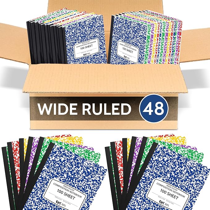 48 Pack - EPI Wide Ruled Composition Notebook Assorted Marble Colors - 200 Pages by EPI