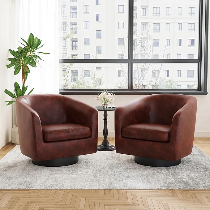 UIXE Faux Leather Swivel Accent Chairs Set of 2, Modern Upholstered Barrel Chairs for Living Room, Comfy Round Armchair Single Sofa Bedroom Reading Seat - 31" W, Red Brown-DeskLoop Office