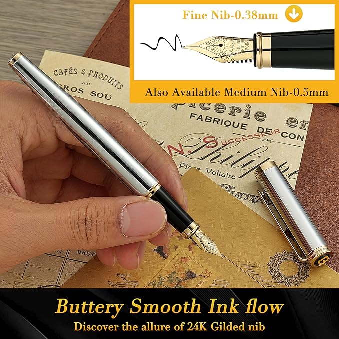 BEILUNER Silver Chrome Fountain Pen,Stunning Luxury Pens with 24K Gold Accents, Gorgeous 24K Gilded Nib(Fine), Ink Converter,Fancy Pen Gift for Men&Women-Elegant, Office, Reliable,Nice for Writing-DeskLoop Office