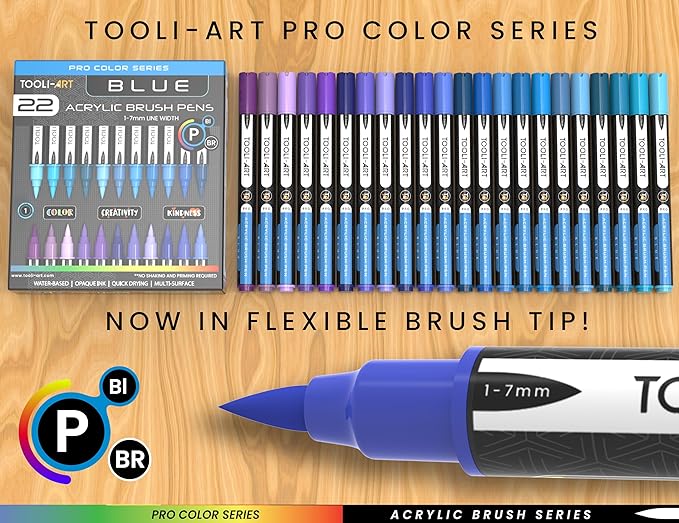 22 Flexible Brush Tip Acrylic Paint Pens Markers Set 1-7mm Line for Rock Painting, Brush Lettering, Glass, Mugs, Wood, Metal, Canvas, Fabric, Plastic. Non Toxic Waterbased Quick Drying Assorted Blue-DeskLoop Office