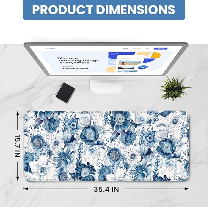 Aesthetic Desk Mat, Cute Blue Floral Desk Pad Protector - Image 2