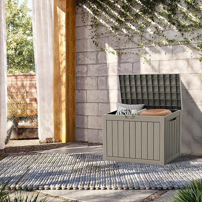 45 Gallon Lockable Resin Deck Box, Waterproof & UV-Resistant Outdoor Storage Box for Outdoor Cushion Storage, Garden Tools & Pool Accessories Storage, Gray-DeskLoop Office