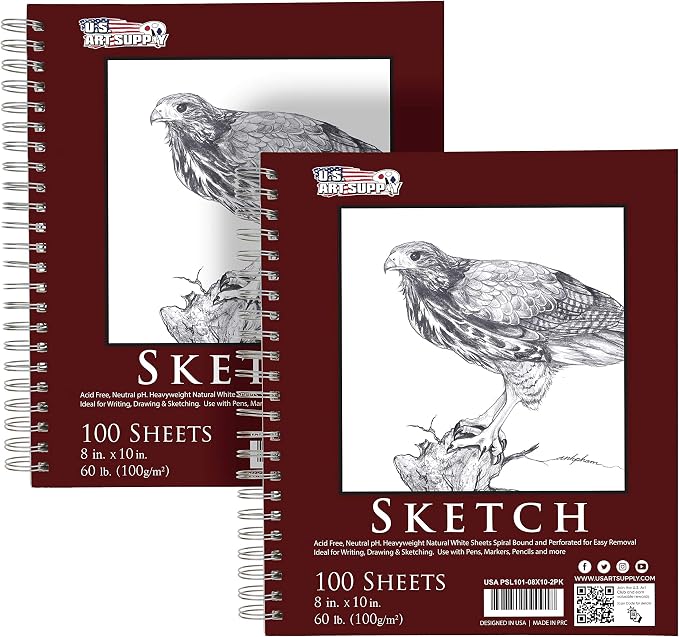 U.S. Art Supply 8"x10" Sketch Book Pad, 2 Pack, 60lb Spiral Bound by USArtSupply