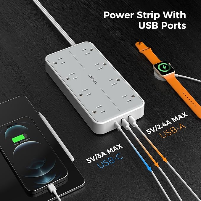 Flat Plug 15 FT Extension Cord, TESSAN Surge Protector Power Strip with 8 AC and 3 USB(1USB-C) Ports, 1080J Protection, Wall Mount Widely Spaced Charging Station for Home, Office, School, Dorm Room-DeskLoop Office