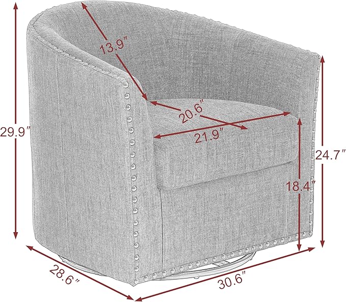 UIXE 360° Swivel Barrel Accent Chair Set of 2, Modern Upholstered Arm Chair Round Club Armchair, Nailhead Trim Single Sofa Seating in Fabric for Living Room - Light Gray-DeskLoop Office