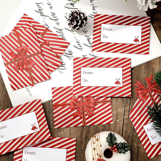 JarThenaAMCS 50Pcs Christmas Paper Gift Card Envelopes Bulk Red Bow Stripe Mini - Image 4