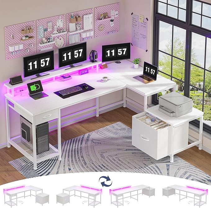 L Shaped Computer Desk with Drawers, Gaming Desk with LED Lights & Monitor Shelf, Office Desks with Power Outlets, Corner Desks for Home Office, Study Room and Bedroom, White-DeskLoop Office