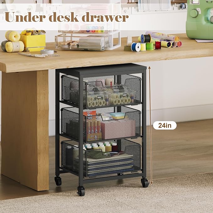 Under Desk Storage Cart with Lockable Wheels, 3-Drawer Rolling Storage Cart - Image 3