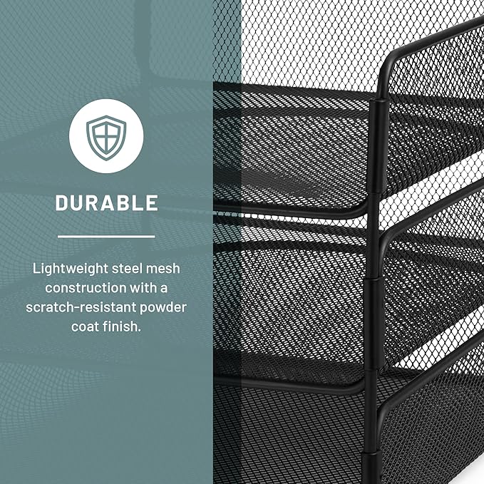 Safco Onyx Desk Organizer, 3 Trays, Office and Classroom Mailbox, Paper and Mail Sorter, Steel Mesh, Black-DeskLoop Office