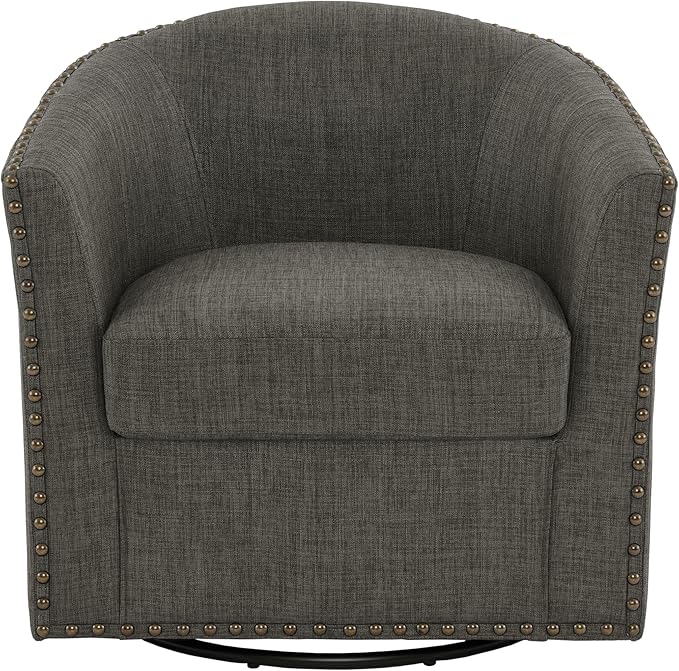 UIXE 360° Swivel Barrel Accent Chair Set of 2, Modern Upholstered Arm Chair Round Club Armchair, Nailhead Trim Single Sofa Seating in Fabric for Living Room - Gray-DeskLoop Office