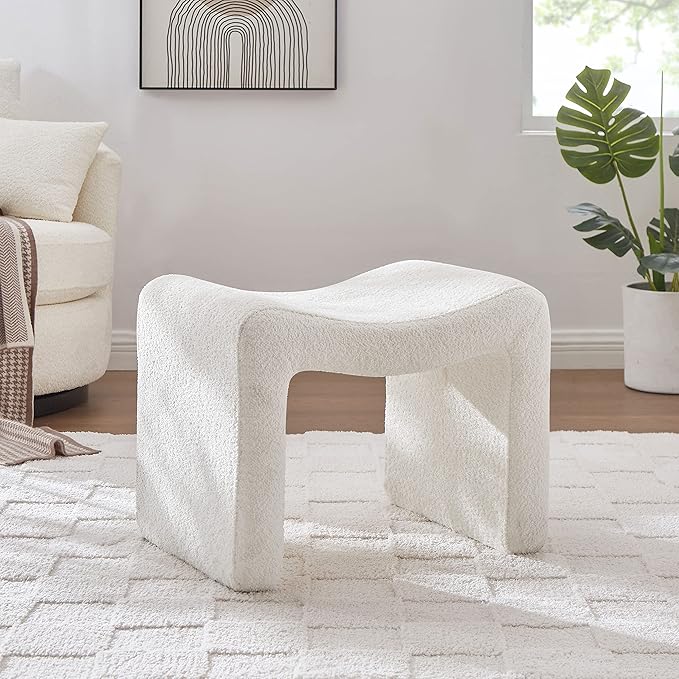 Modern Boucle Ottoman, Vanity Stool Chair, Foot Stool with Wooden Legs Sofa Bench Footstool Extra Seat for Vanity, Makeup Room, Living Room, Entryway, Set 2, White-DeskLoop Office