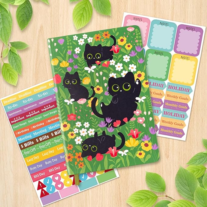 B1ykin Hardcover Ruled Journal Notebook with Planner Stickers, 196 Pages PU Leather Journal Notebook Journals Diary Notepad for Writing Travel Business Work School College Taking (Black Cat Floral)-DeskLoop Office
