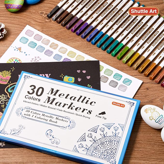 Shuttle Art Metallic Marker Pens, 30 Colors Metallic Paint Markers with 1 Coloring Book Fine Point for DIY Card, Calligraphy, Art and Crafting Projects, Works Great on Black Paper, Scrapbooks, Rock-DeskLoop Office