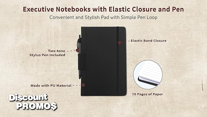 DISCOUNT PROMOS 10 Executive Notebooks with Pen Pack - 6 x 8.5 inches, Recycled, Pen Loop, Closure Strap - Black-DeskLoop Office