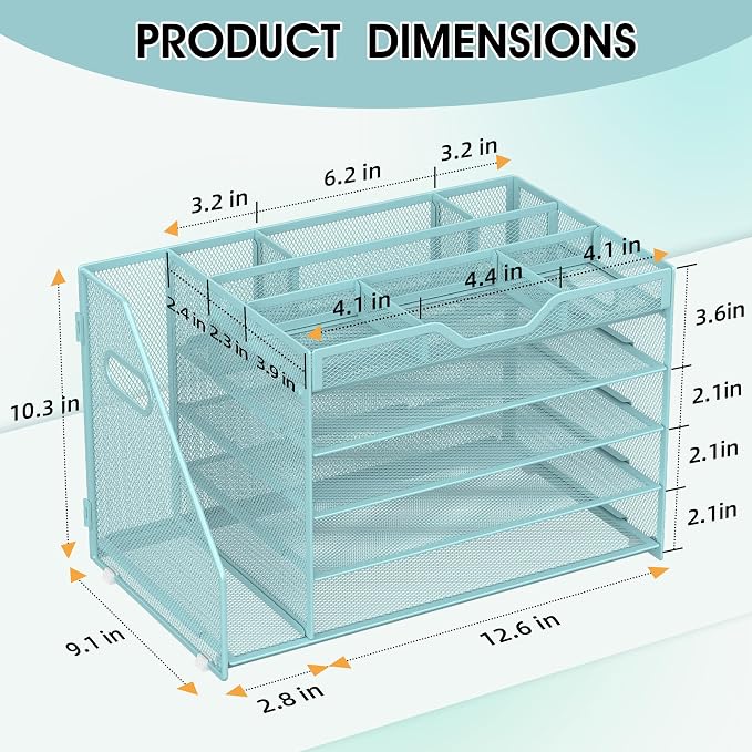 5 Tier Paper Letter Tray with File Holder and 3 Drop-in Pen Holders, Mesh Desk - Image 2