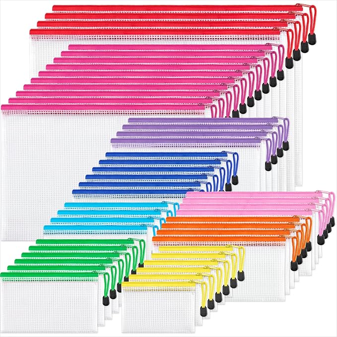 JARLINK 48 Pack 8 Sizes Mesh Pouch, 9 Colors, Waterproof Zipper File Bags by JARLINK