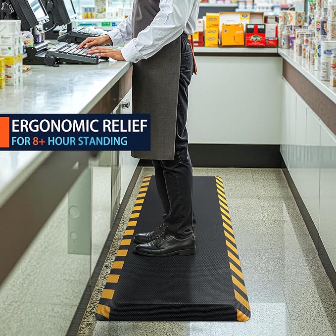 FEATOL Anti Fatigue Mat Industrial, Ergonomic Standing Floor Mat for Work for Stand, Black with Yellow Border Safety 24" x 36"-Support for Leg & Back Pain-DeskLoop Office