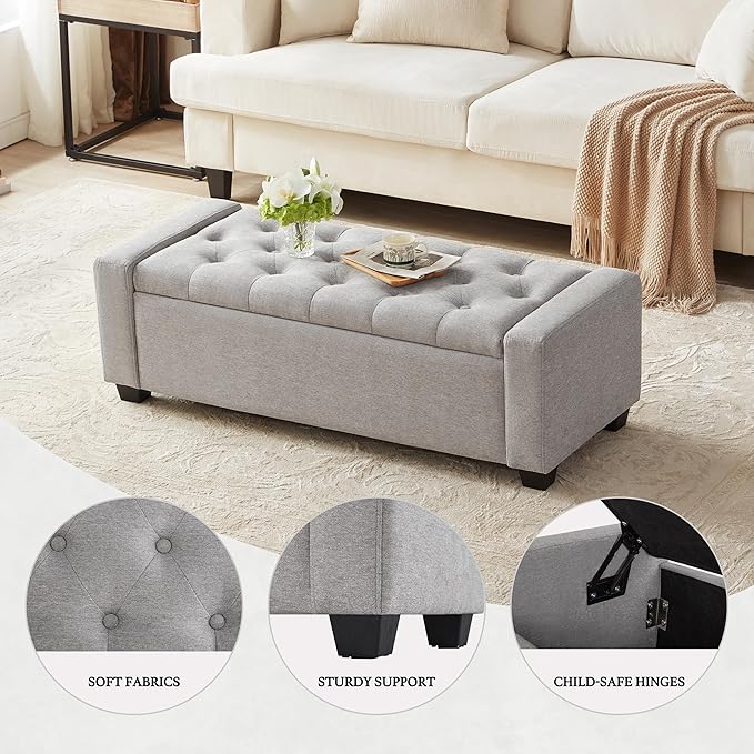 48" Ottoman with Storage, Storage Ottoman Bench with Safety Hinge, Upholstered Entryway Bench with Seating for Bedroom, Living Room, Holds up to 330 lb(Light Gray)-DeskLoop Office