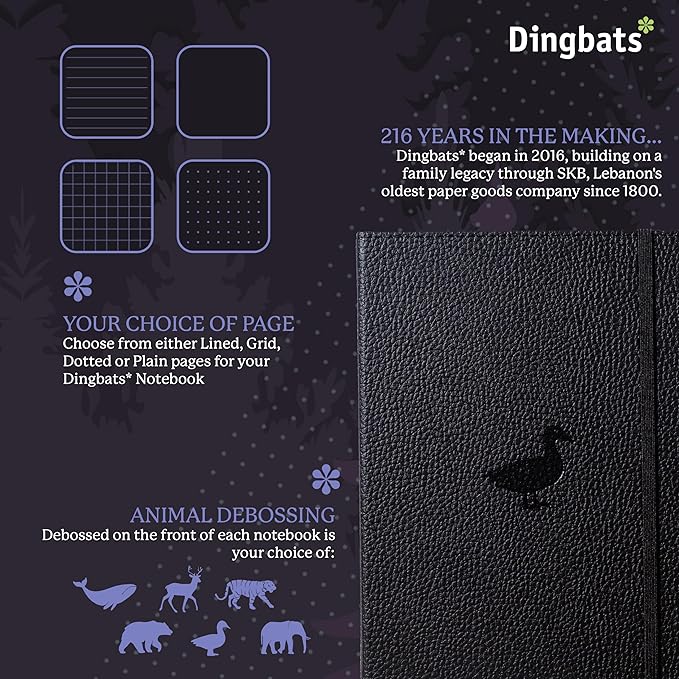 Dingbats* Wildlife Grid Journal Notebook A5 - Vegan Leather Hard Cover, Ideal for Work, Travel - Pocket, Elastic Closure, Bookmark-DeskLoop Office