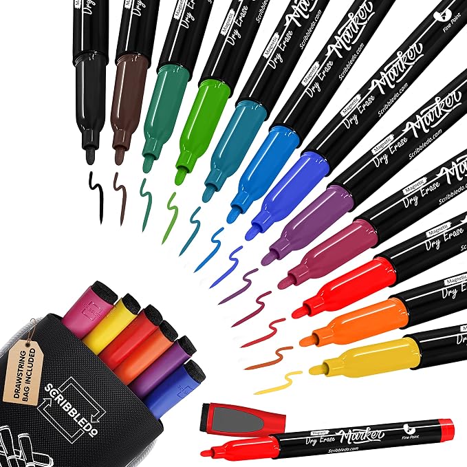 Scribbledo Magnetic Dry Erase Markers Fine Tip, Low-Odor Whiteboard Markers by Scribbledo