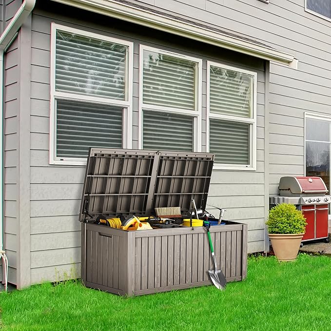 180 Gallon Lockable Resin Deck Box, Waterproof & UV-Resistant Outdoor Storage Box for Outdoor Cushion Storage, Garden Tools & Pool Accessories Storage, Gray-DeskLoop Office