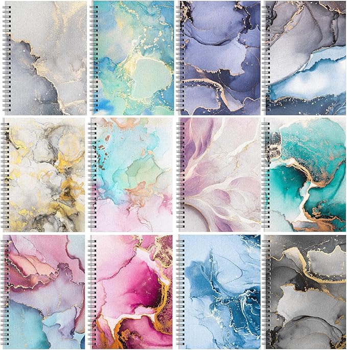 Fuutreo 12 Pcs Spiral Notebook for Work A5 8.3 x 5.7 Inch College Ruled Spiral Journal Notebook Kraft Cover Ruled Paper, 12 Color, 60 Sheets, 120 Pages for Office School(Marble Pattern)-DeskLoop Office