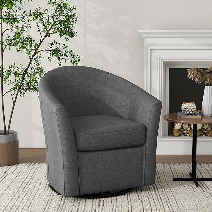 UIXE 360° Swivel Barrel Accent Chair, Modern Round Arm Chair Upholstered Club Armchair, Single Sofa Seating in Fabric for Living Room, Bedroom (Dark Grey)-DeskLoop Office