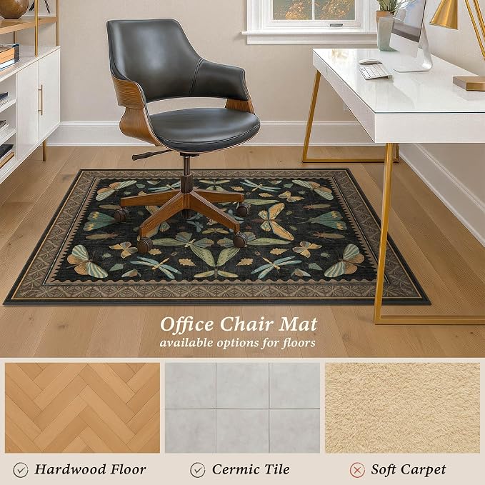 4'x5' Black Office Chair Mat for Hardwood Floors, Insect Boho Design, Non-Slip - Image 4