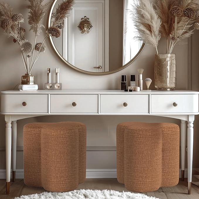 HomePop Upholstered Clover Shaped Ottoman Home Décor|Foot Rest Ottoman - Rust Orange Chenille-DeskLoop Office