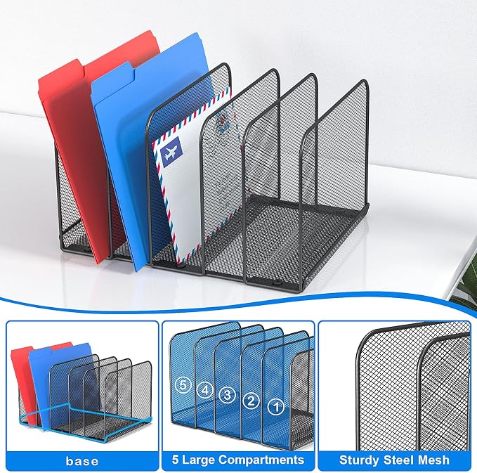 TOPCJ 5 Sections Desk File Holder/Rack/Sorter, Mesh File Organizer, File Folder - Image 5