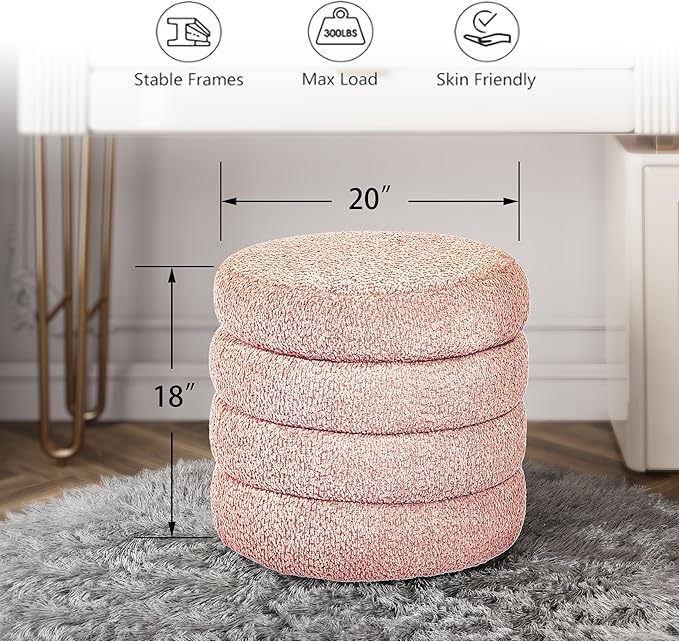 Storage Ottoman, Round Ottoman with Storage, Vanity Stool Foot Rest with Removable Lid, Round Boucle Upholstered for Living Room Pouf Footstool (Pink)-DeskLoop Office