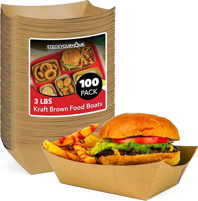 100 Pack 3-Lb Brown Kraft Paper Food Trays, Extra Large Disposable Concession by StockYourHome