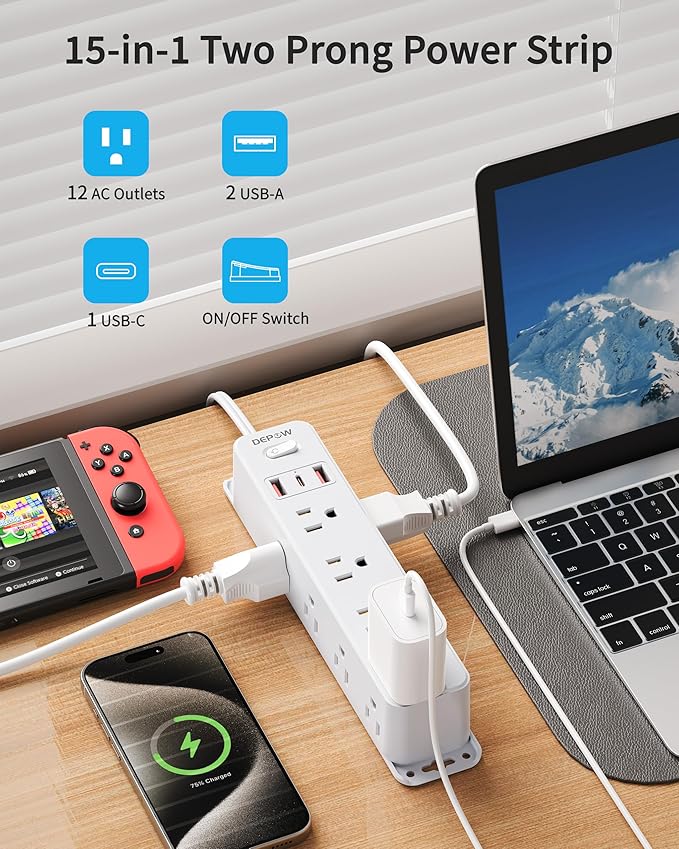 2 Prong Power Strip with 12 AC Outlets, 2 to 3 Prong Adapter, 3 USB Ports (1 USB C), 5FT Extension Cord, 1700J Two Prong Surge Protector, Wall Mountable, Ideal for Old House Non-Grounded Outlets-DeskLoop Office