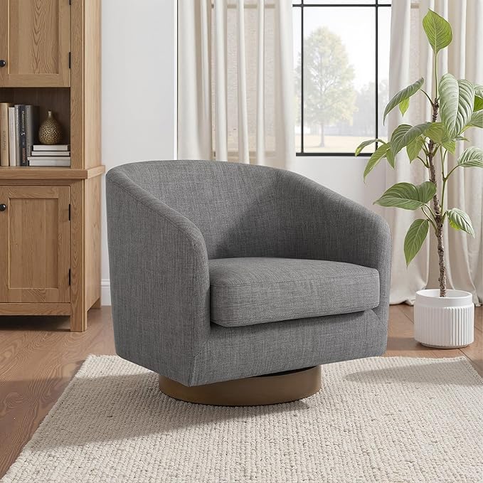 UIXE Swivel Accent Chair with Wood Base, Fabric Upholstered Barrel Chairs for Living Room, Comfy Round Armchair Single Sofa Bedroom Reading Seat - 31" W, Gray-DeskLoop Office