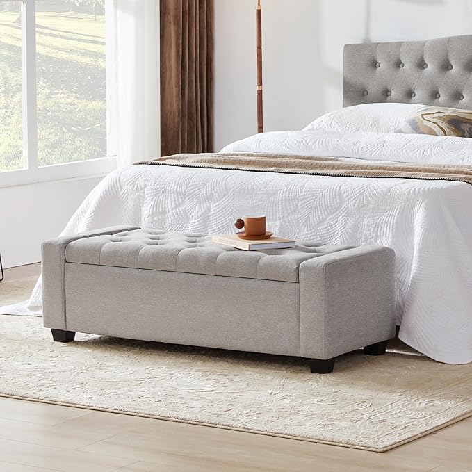 48" Ottoman with Storage, Storage Ottoman Bench with Safety Hinge, Upholstered Entryway Bench with Seating for Bedroom, Living Room, Holds up to 330 lb(Light Gray)-DeskLoop Office