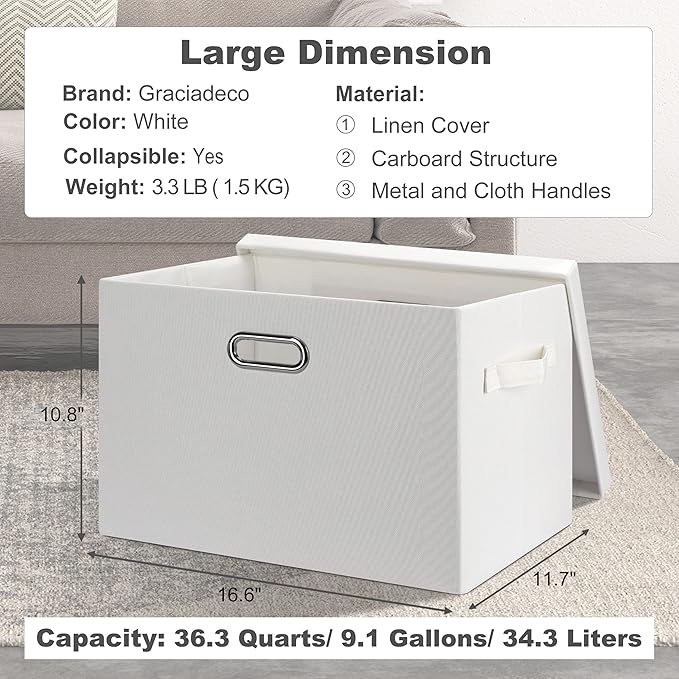 Large 17" 36 Quart Collapsible Stackable Storage Bins with Lids, 5 Packs White Linen Fabric Closet Boxes with Lids, Storage Cube Baskets Container Organizers for Bedroom Office(17 x12 x11)-DeskLoop Office