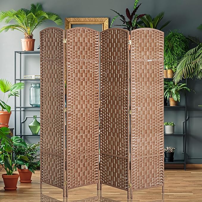 HOMCOM Room Divider 4 Panels Folding Privacy Screen 6FT Tall Portable Wicker Weave Partition Wall Divider for Bedroom Home Office, Natural Wood-DeskLoop Office