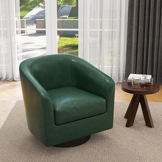 UIXE Faux Leather Swivel Accent Chair with Wood Base, Modern Upholstered Barrel Chairs for Living Room, Comfy Round Armchair Single Sofa Bedroom Reading Seat - 31" W, Green-DeskLoop Office