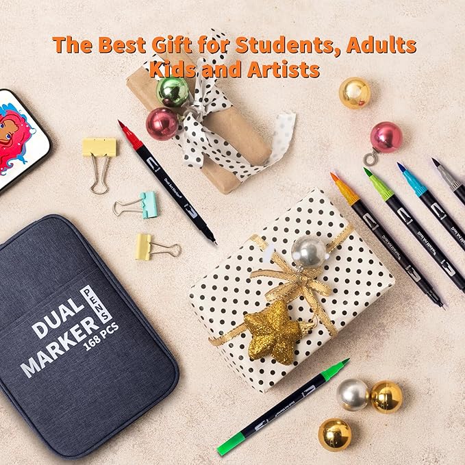 Dual Markers Brush Pens, 168 Colors Art Marker Set with Brush and Fine Tips – Premium Art Supplies for Kids & Adults, Perfect for Coloring Books, Hand Lettering, Calligraphy, and Drawing-DeskLoop Office